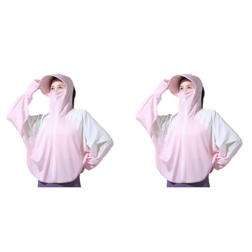 PALAY® Woman Sun Protection Hoodie Jacket Lightweight UPE50+ Sun Blocking Coat with Pocket Long Sleeve Shirt Hiking Outdoor with Face Mask, Pink 2 PCS PALAY® Woman Sun Protection Hoodie Jacket Lightweight UPE50+ Sun Blocking Coat with Pocket Long Sleeve Shirt Hiking Outdoor with Face Mask, Pink 2 PCS